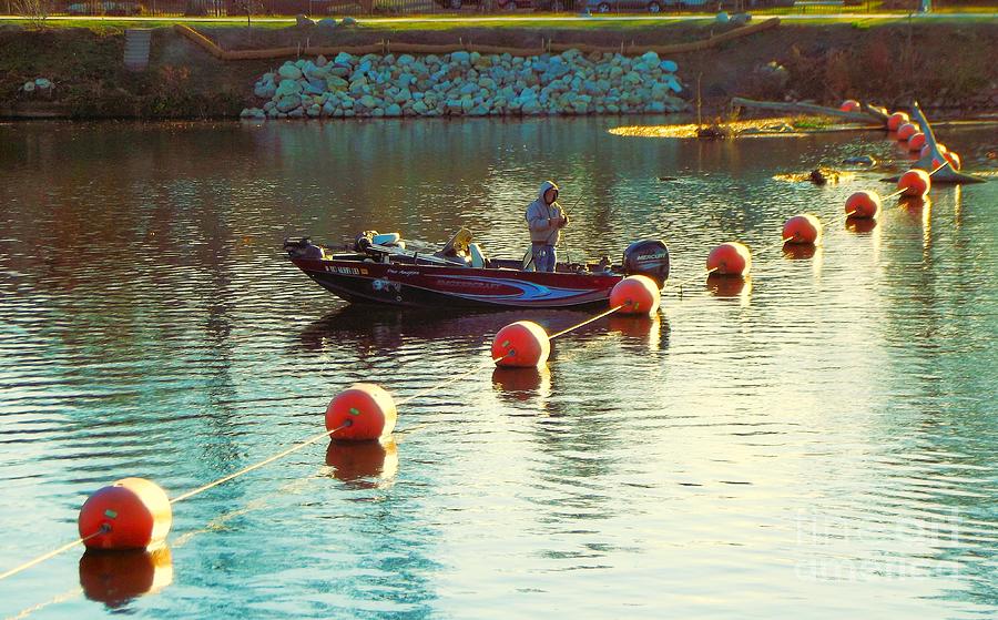 Boat Photograph - Boat Fisherman At The River Waterfall  Buoys    Indiana   Fall by Rory Cubel
