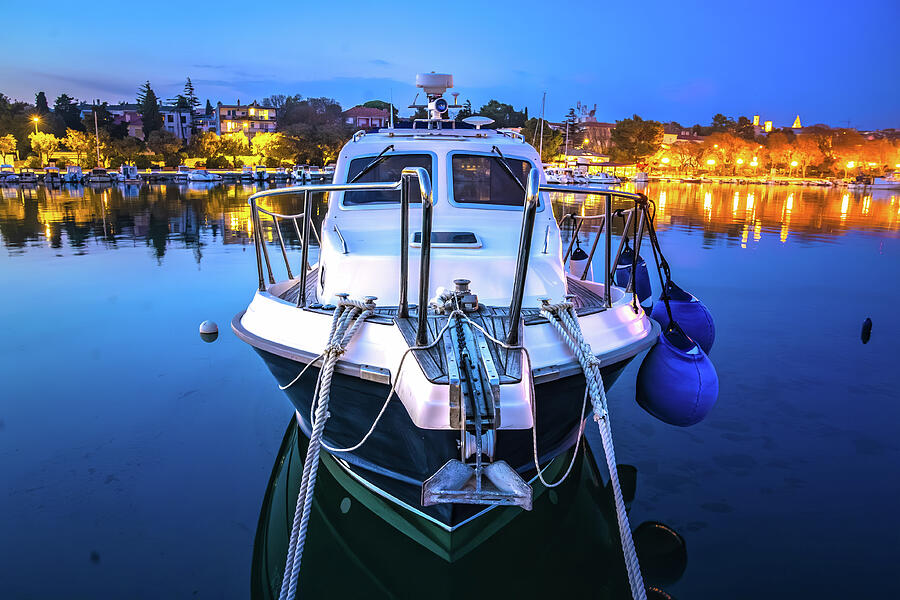 Architecture Photograph - Boat in harbor dusk view, Island of Krk by Brch Photography