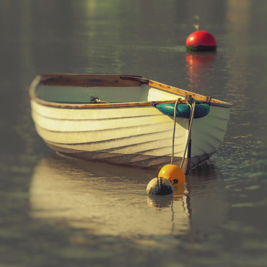 River Photograph - Boat in sunlight on calm water with reflection by A J Paul River Photograph - Boat in sunlight on calm water with reflection by A J Paul