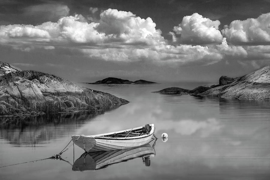 Boat in the inlet to Peggys Cove in Black and White Photograph by Randall Nyhof