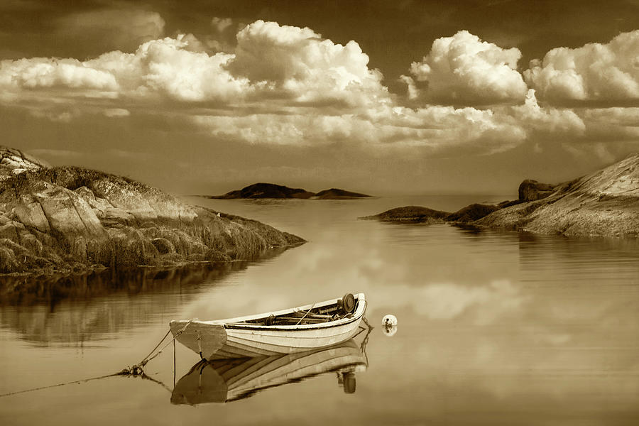 Boat in the inlet to Peggys Cove in Sepia Tone Photograph by Randall Nyhof