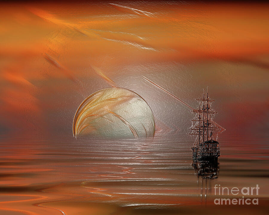 Majestic Ship Sailing at Sunset on the Ocean Digital Art by Landscape