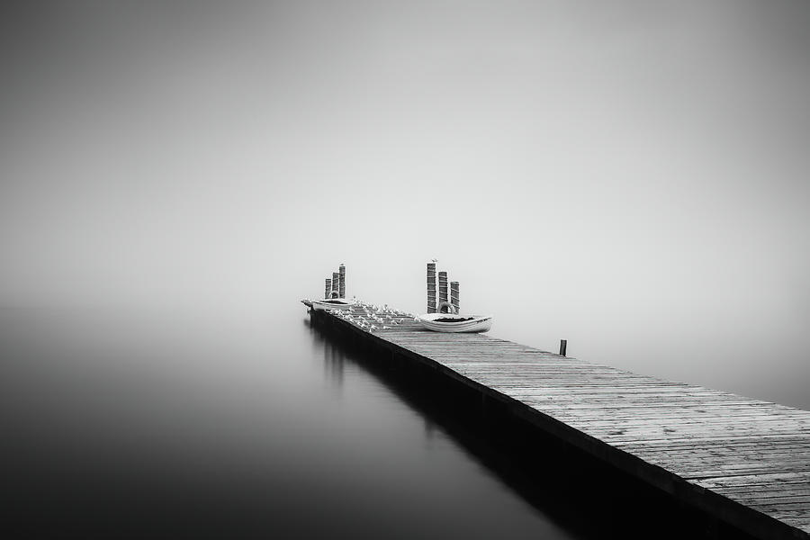 Black And White Photograph - Boat Jetty in the mist by Grant Glendinning