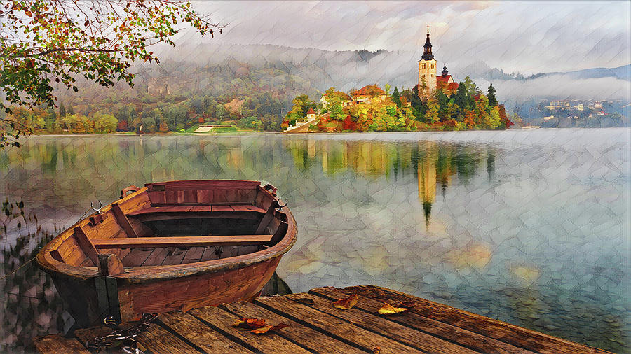 Boat on a Castle Lake With Mystic Looking Fog PAINTING Photograph by ...