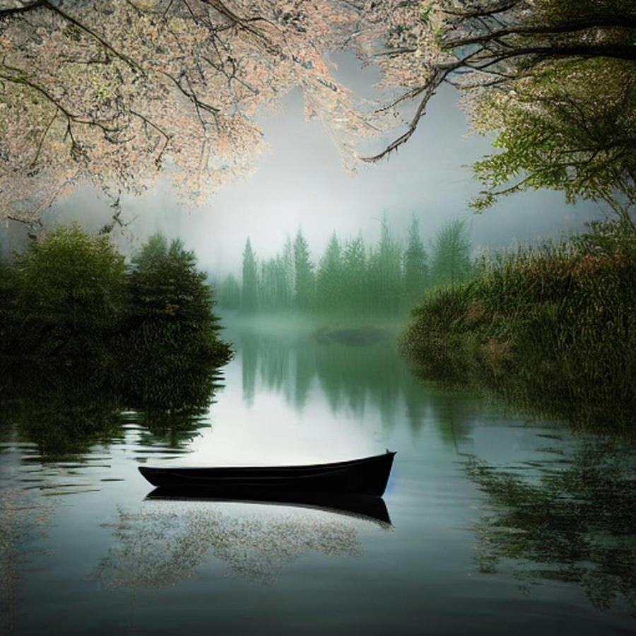Boat On A Misty Lake Digital Art by Joyce Dickens