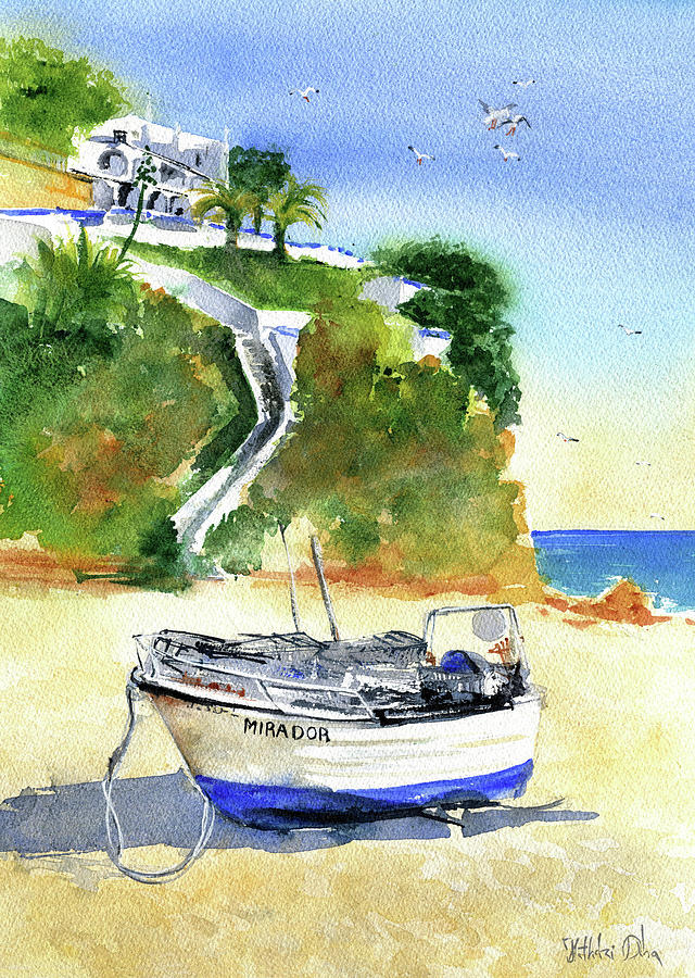 Boat On Shore at Carvoeiro Portugal Painting by Dora Hathazi Mendes