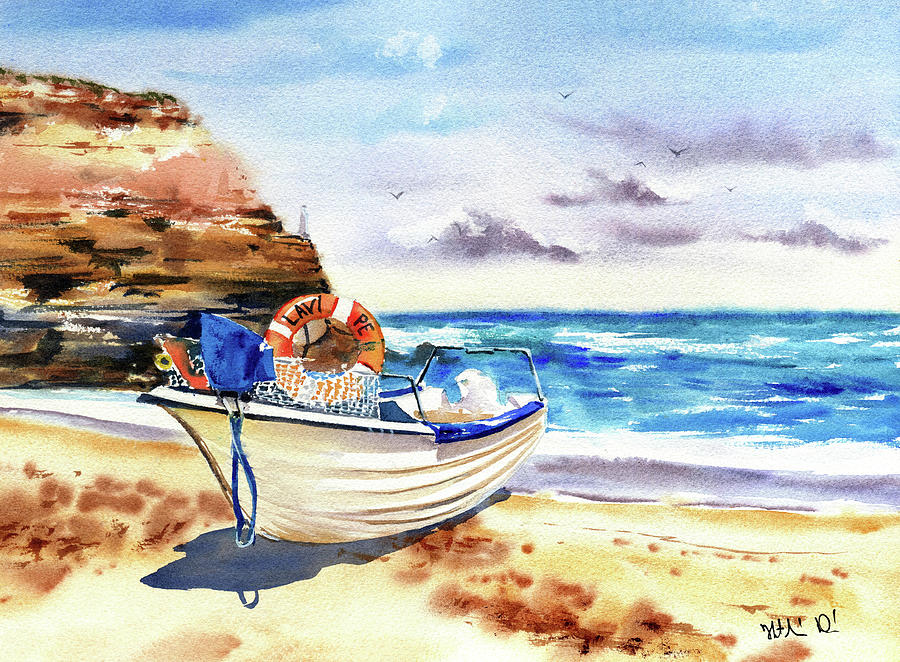 Boat On Shore in Portugal Painting Painting by Dora Hathazi Mendes