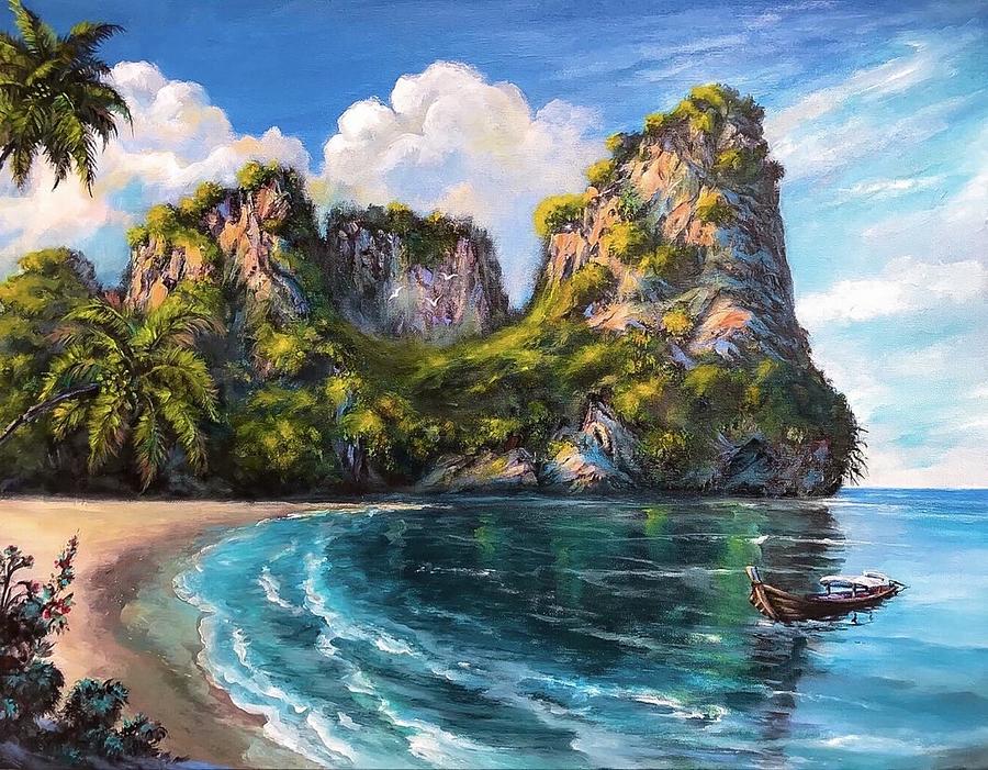 Boat On The Sand Beach Painting by Alban Dizdari