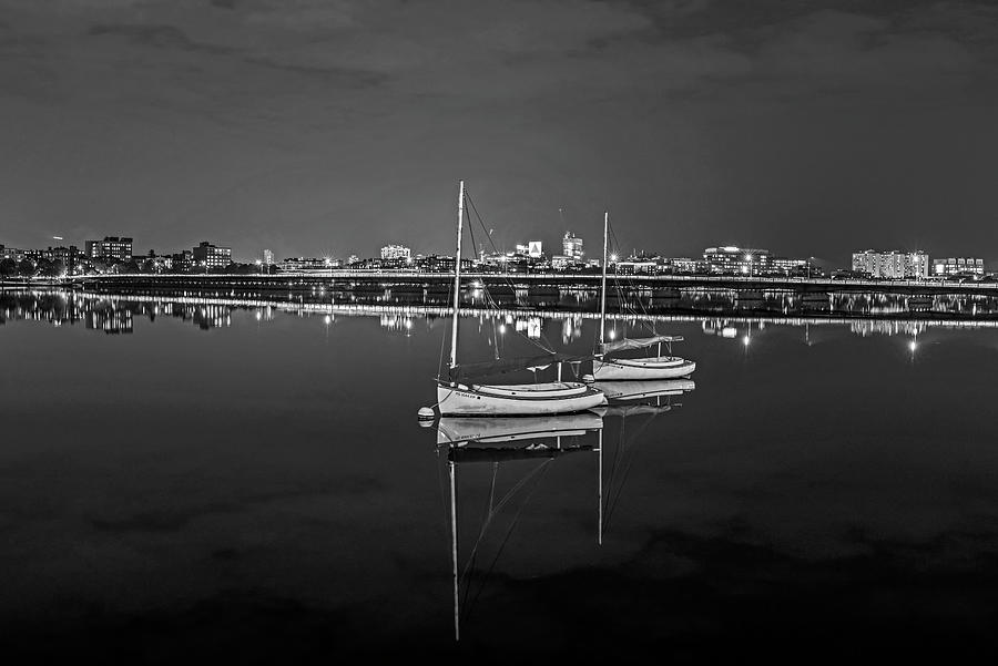 Boat Reflections by the Mass Ave Bridge on the Charles River Boston MA Black and White Photograph by Toby McGuire