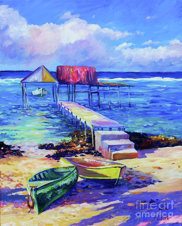 Beach Painting - Boat Shed and Boats by John Clark
