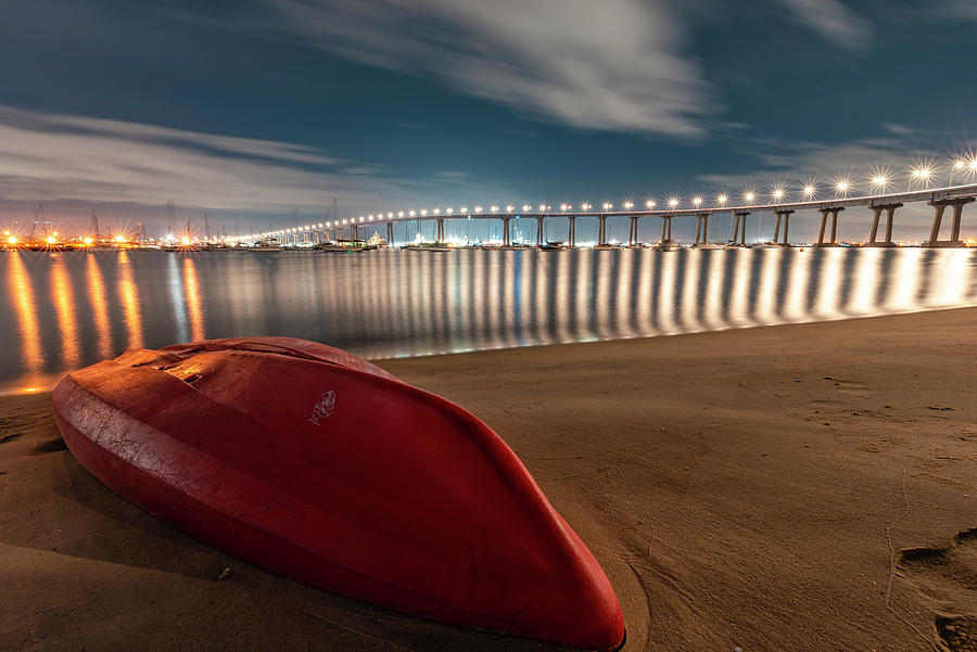 Boat under bridge lights Photograph by Local Snaps Photography