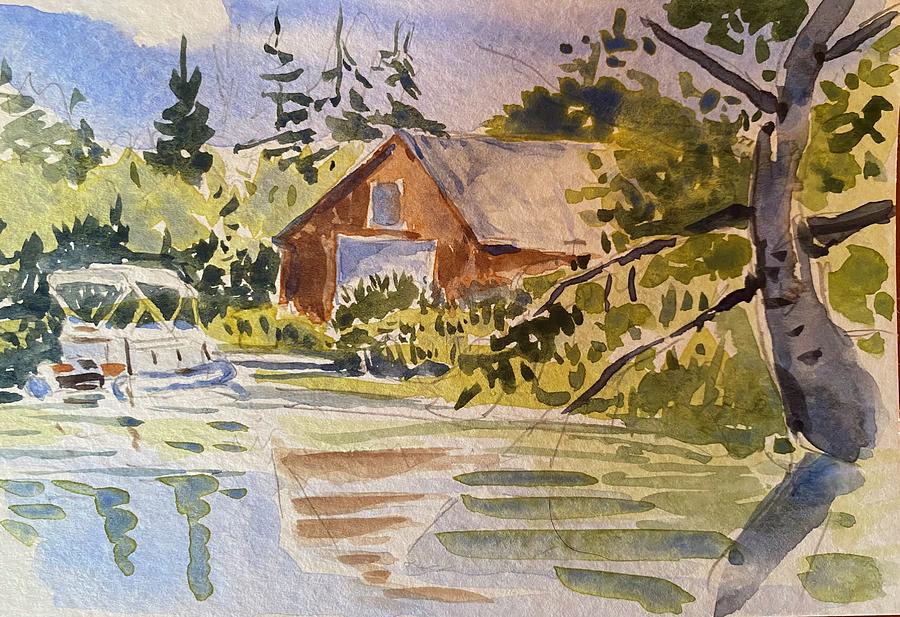 Boathouse on Robbins Mill Stream, Great Pond Painting by Robert Fugate