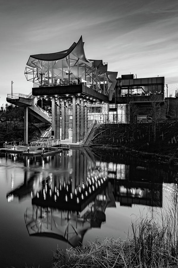 Boathouse Reflections At The Tulsa Gathering Place - Black And White Photograph by Gregory Ballos