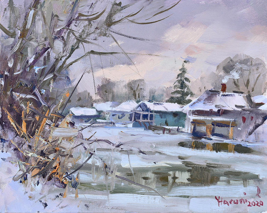 Boathouses along the Frozen Canal Painting by Ylli Haruni