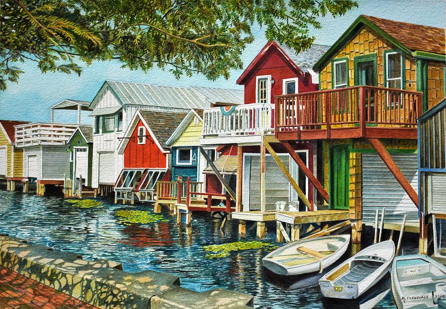 Boat Painting - Boathouses at Canandaigua Lake, NY by Daniel Carnevale