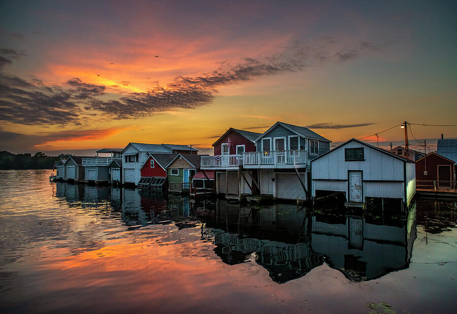 Sunset Photograph - Boathouses On Canandaigua Lake by Mark Papke