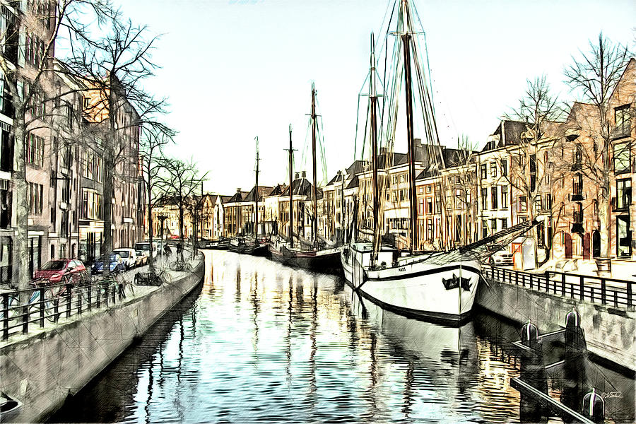 Boats Along a Groningen Canal - DWP5372387 Drawing by Dean Wittle
