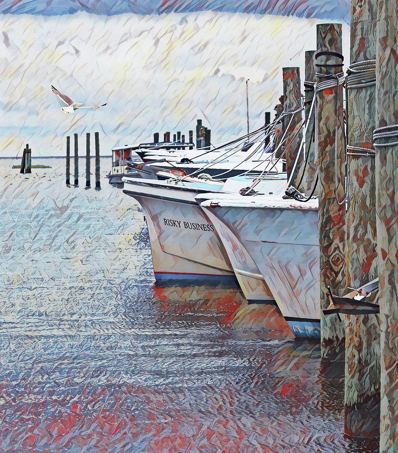 Boat Digital Art - Boats And Seagull At Oregon Inlet 2020c by Cathy Lindsey