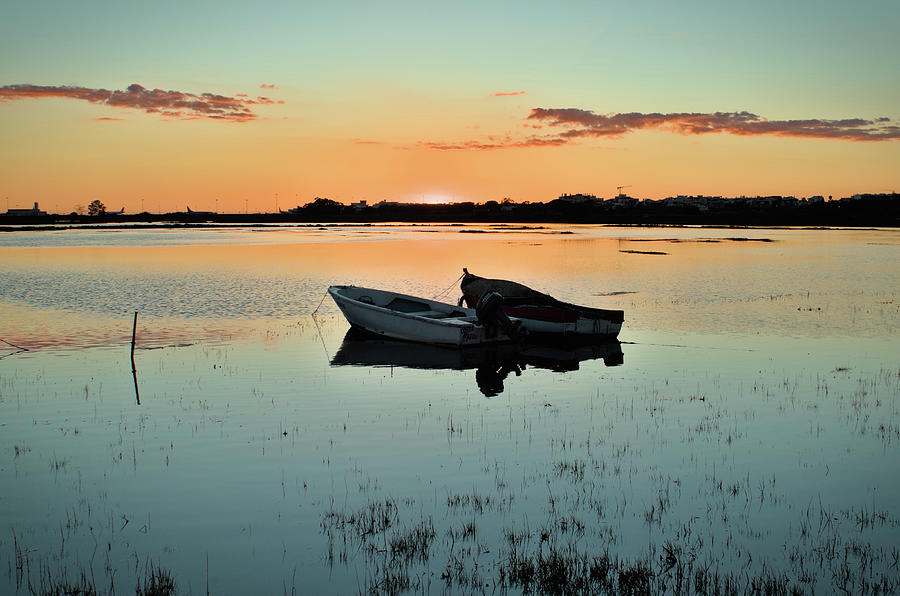Boats at Sunset in Parque Ribeirinho. Faro Photograph by Angelo DeVal