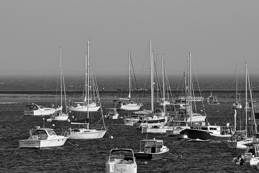 Boats Congregating by the Marblehead Harbor Causeway Black and White Photograph by Toby McGuire