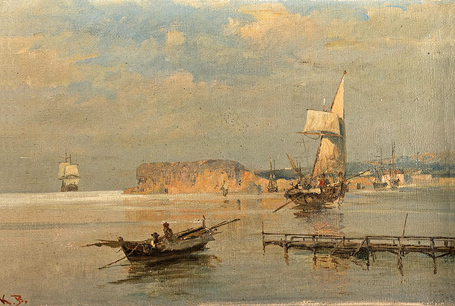 Boats in a port Painting by Konstantinos Volanakis