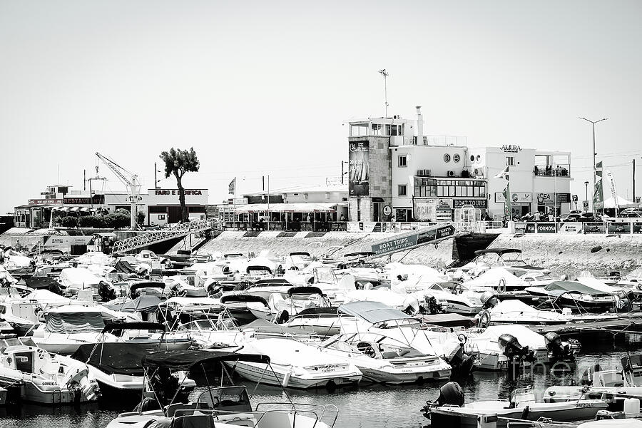 Boats In Harbor Faro Black And White Photograph