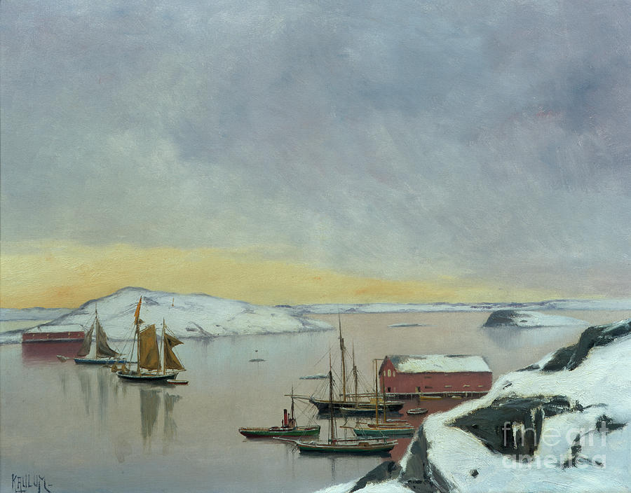 Boats in Harbour Painting by O Vaering by Haakon Kaulum