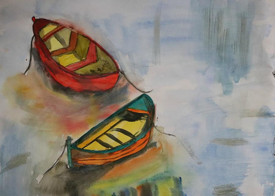 Boats in quarantine Painting by Nilu Mishra