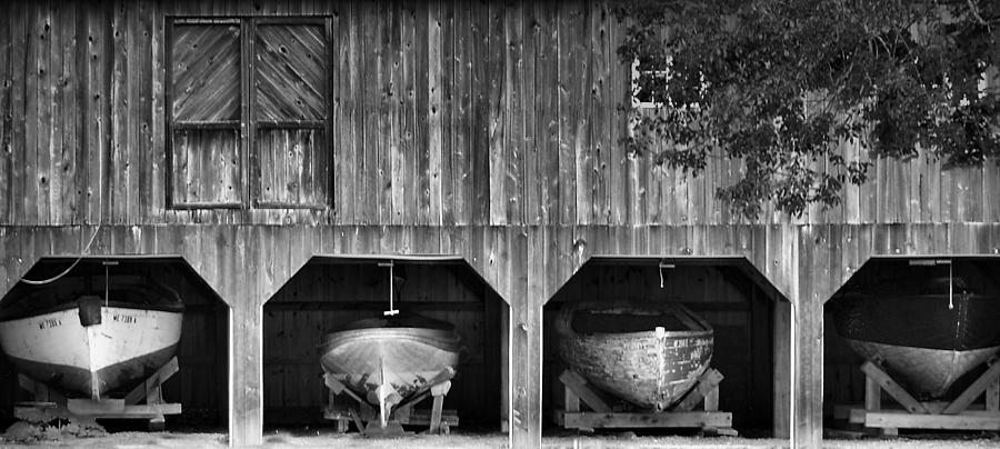 Boats In Stall In Black And White Photograph