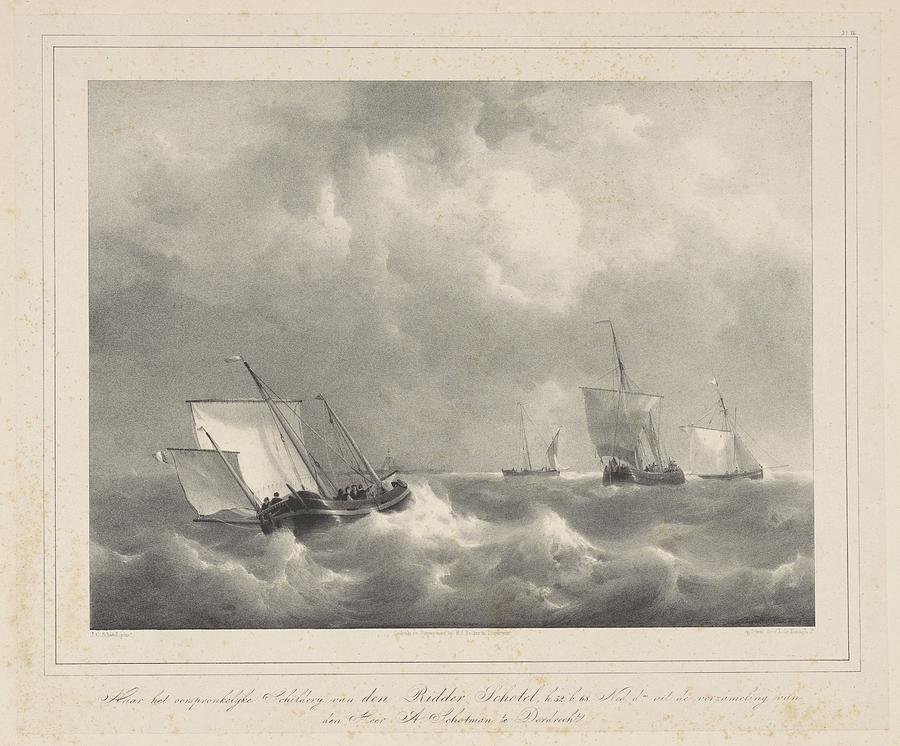 Boats in stormy weather, Leonard de Koningh, after Johannes Christiaan Schotel, 1822  Painting by MotionAge Designs