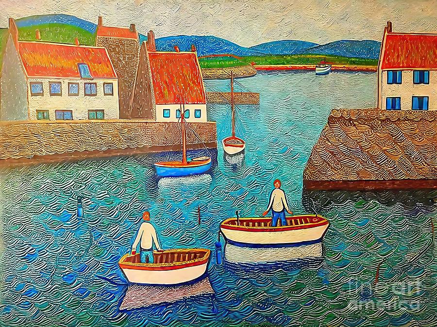 Boat Painting - Boats In The Country Painting tugboat boats village impressionist oil acrylic art artistic backdrop background banner boat brush stroke color colorful concept creative dawn dawn landscape design by N Akkash
