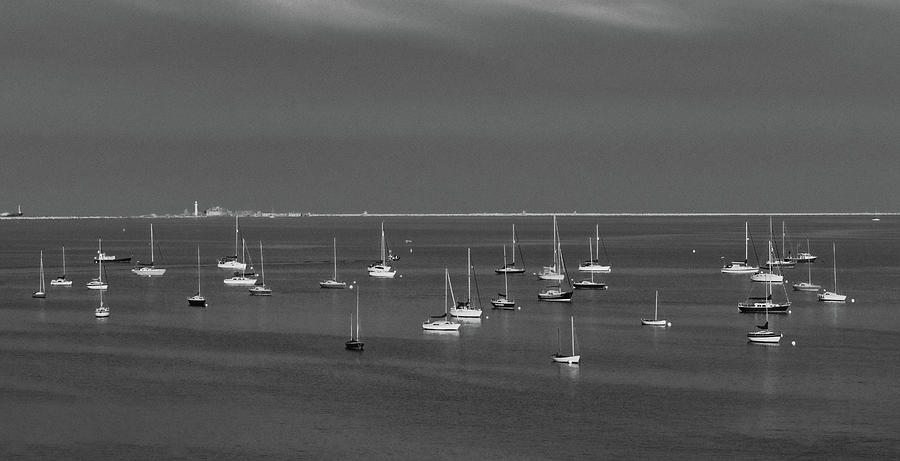 Boats in Weymouth Bay Mono Photograph by Jeff Townsend