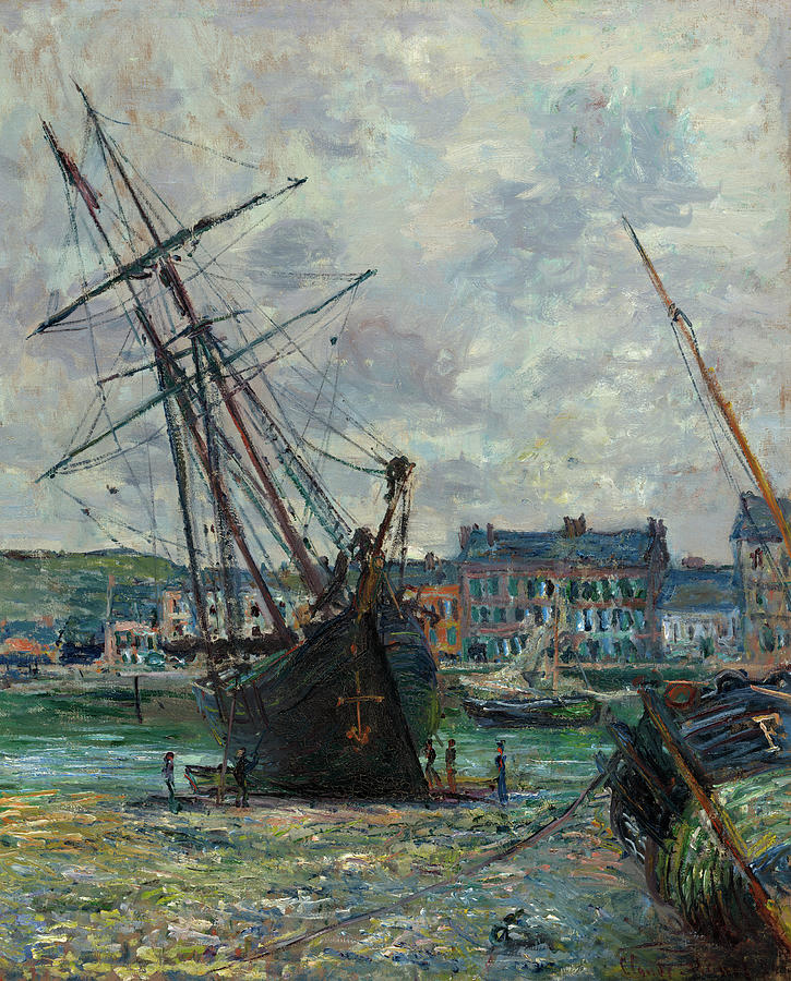 Boats Lying at Low Tide at Fecamp Painting by Claude Monet