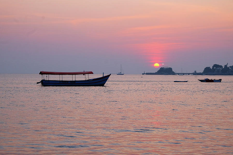 Boats Moored In Dona Paula Bay The Sunsetting Casting A Pink Gl Photograph By Gill Copeland