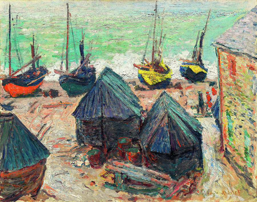 Boats on the Beach at Etretat by Claude Monet  Painting by Claude Monet