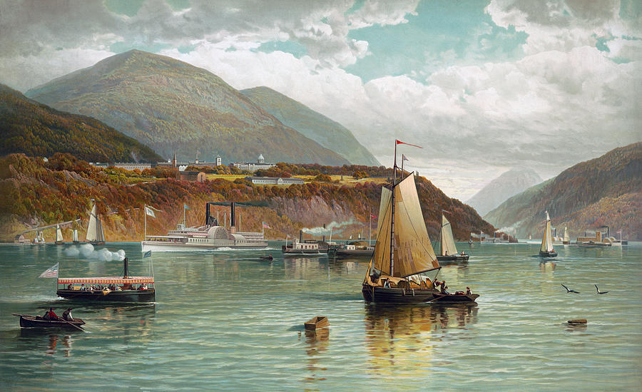 Boats On The Hudson With West Point In The Background - Andrew Melrose Painting by War Is Hell Store