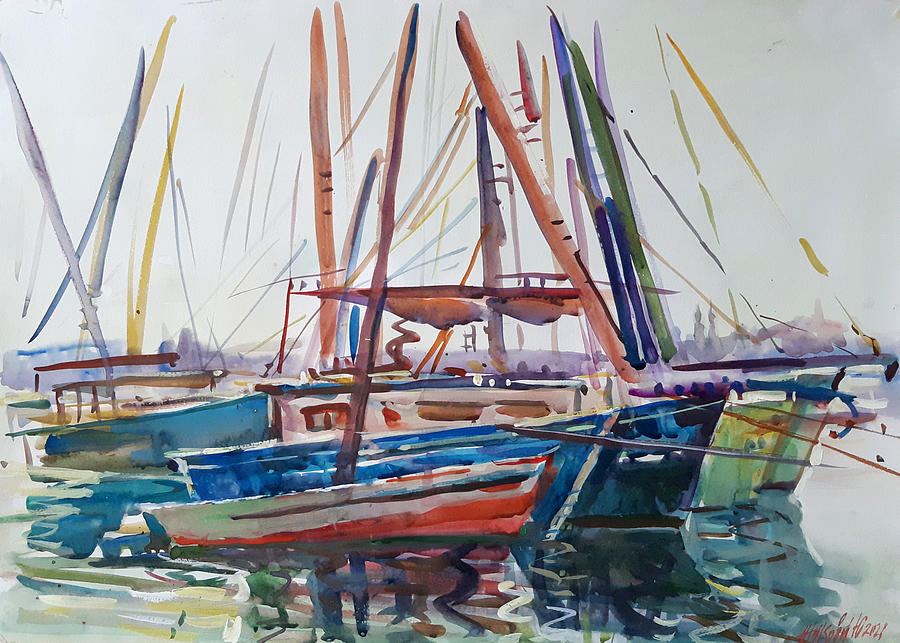 Boats on the Nile river. Luxor Painting by Juliya Zhukova