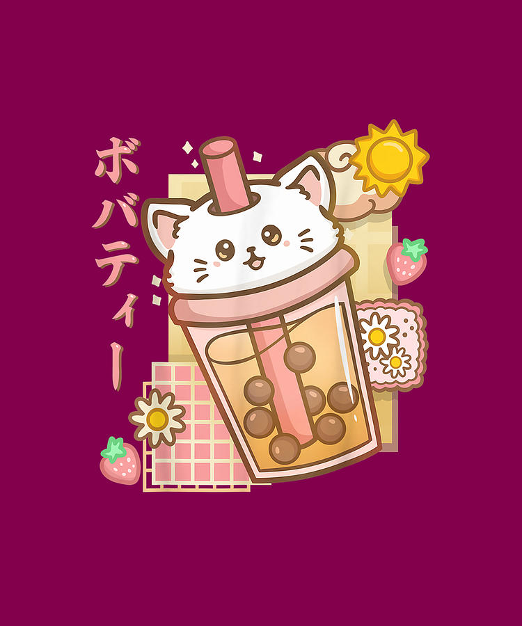 Boba Tea Cat Bubble Tea Strawberry Kawaii Cat Neko Anime T-shirt ...