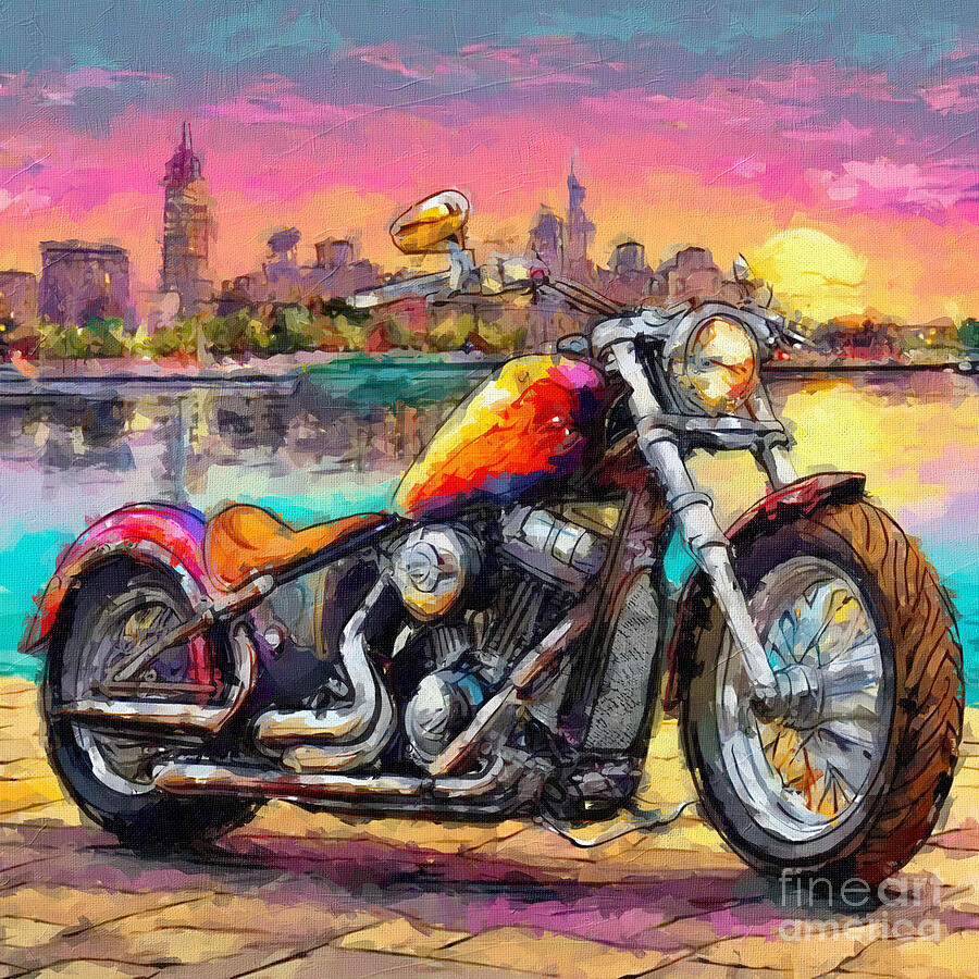 Sunset Painting - Bobber Cool Motorcycle colors Big Wheels Luxurious 3 by Edgar Dorice