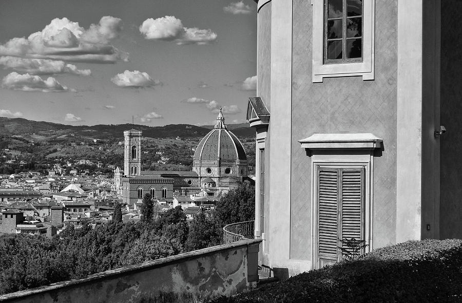Boboli Gardens Observatory Over Duomo Florence Italy Black and White Photograph by Shawn OBrien