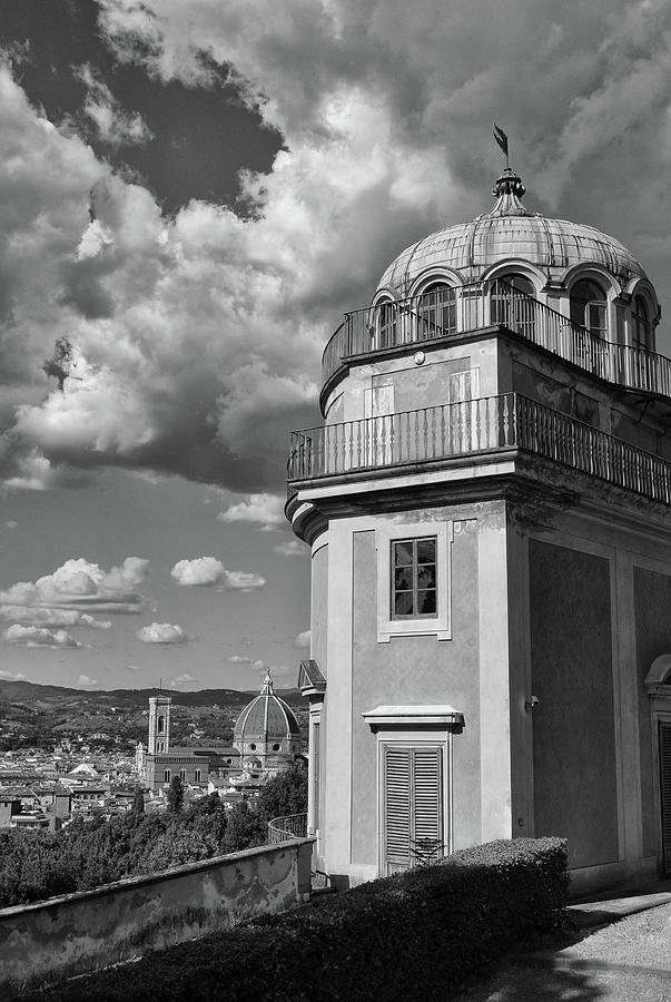 Boboli Gardens Observatory Overlooking Duomo Florence Italy Black and White Photograph by Shawn OBrien