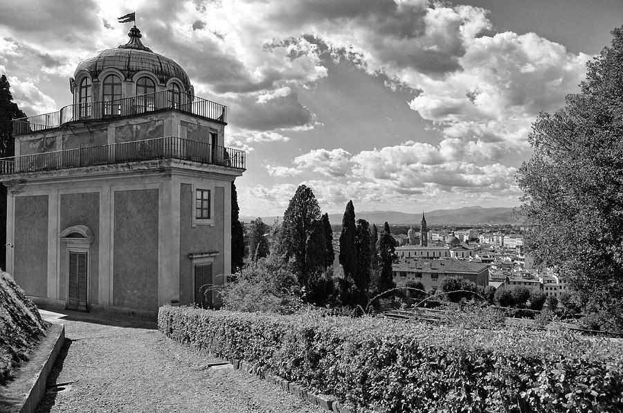 Boboli Gardens Observatory Overlooking Heart of Florence Italy Black and White Photograph by Shawn OBrien