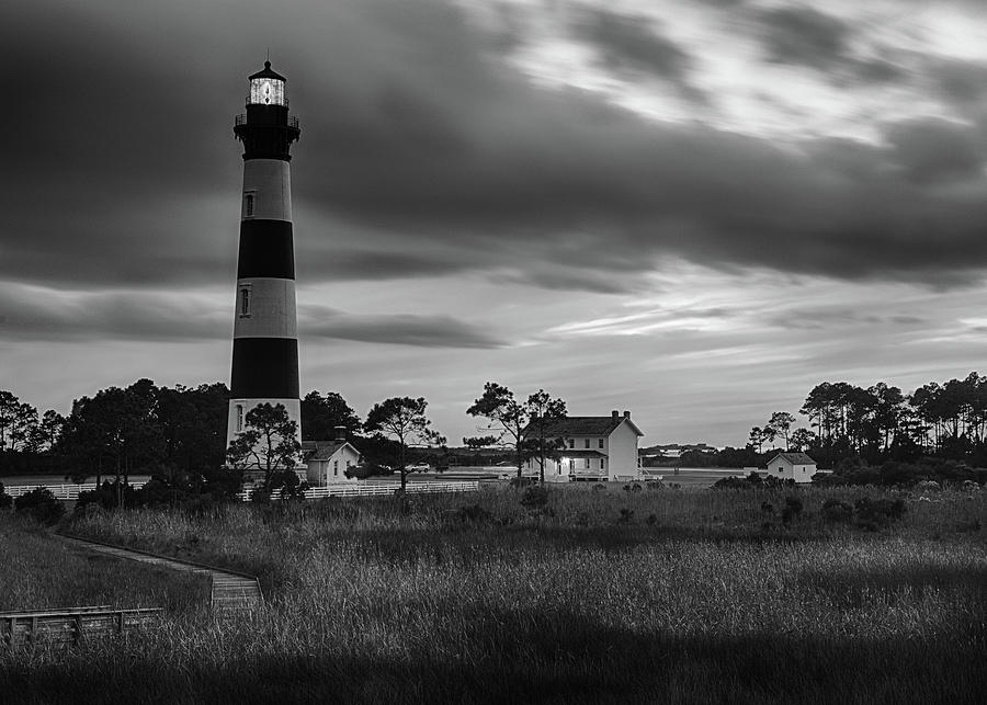 Bodie Island Lighthouse at Sunset in Black and White Photograph by Leah Palmer
