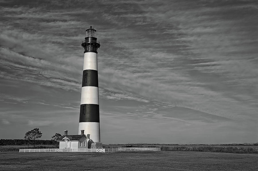 Bodie Island Lighthouse in Black and White Photograph by Fon Denton