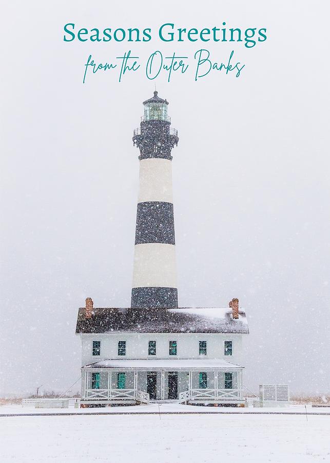 Bodie Lighthouse in Snow Greetings Photograph by Cyndi Goetcheus Sarfan