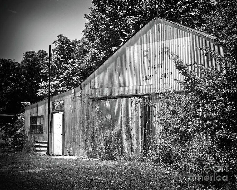Texas Forgotten - Body Shop Barn BW Photograph by Chris Andruskiewicz