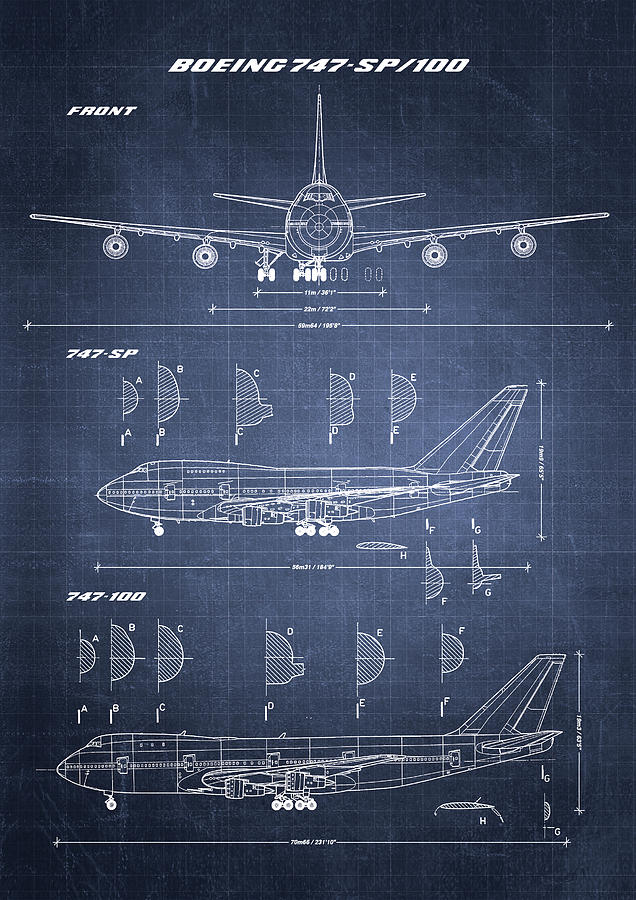 Boeing 747 Sp And 747 100 Blueprint Dark Blue Drawing By Ryan Steven