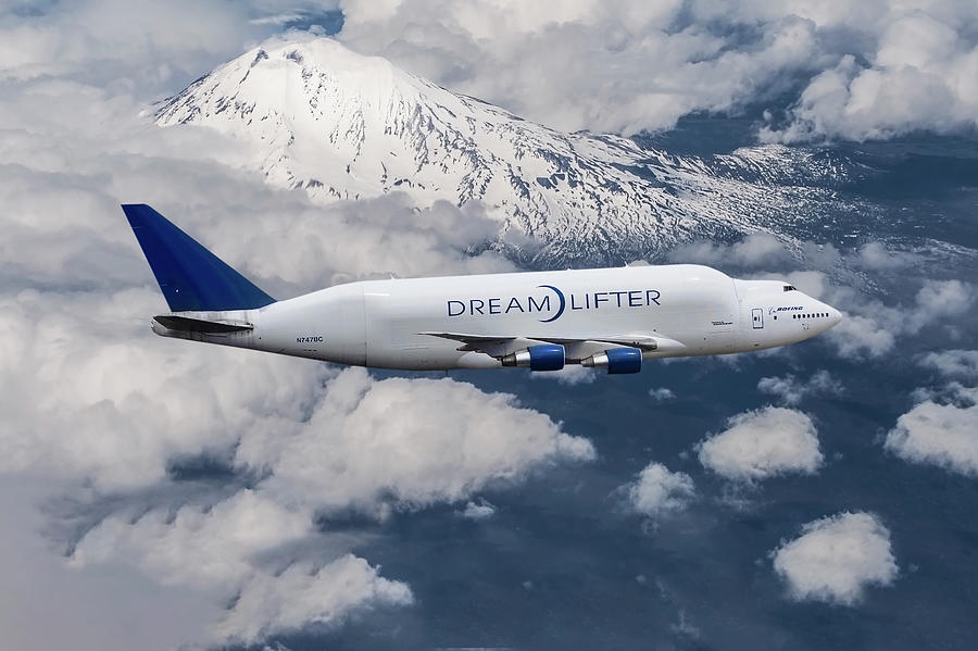 Boeing Dreamlifter and Snowcapped Mt. Rainier Mixed Media by Erik Simonsen
