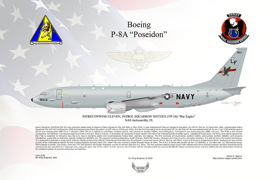 Boeing P-8A Poseidon VP-16 FLAG BACKGROUND Digital Art by Arthur Eggers