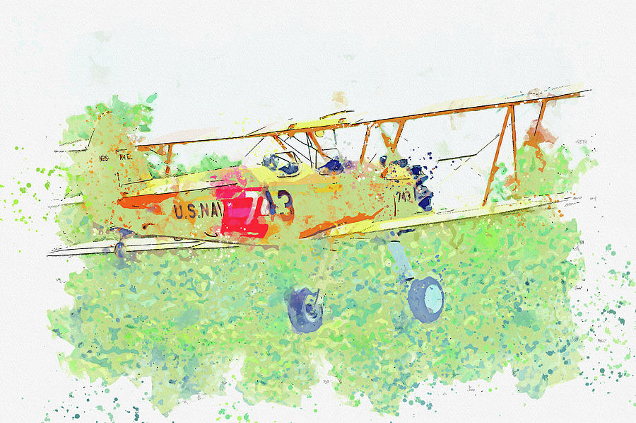 Transportation Painting - Boeing Stearman NS Kaydet NEE Bi-Plane is now in the colours US Navy Trainer war planes in watercolo by Celestial Images